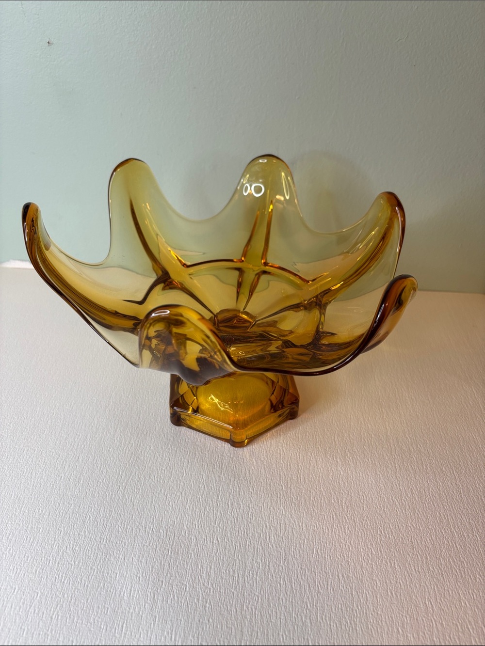 Vintage Viking Glass Amber Six Petal Swung Pedestal Compote Bowl